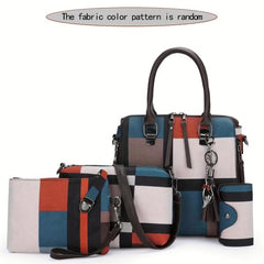 PU Handbag Grid Contrast Bag 4 Pcs Casual Shoulder Messenger Bag