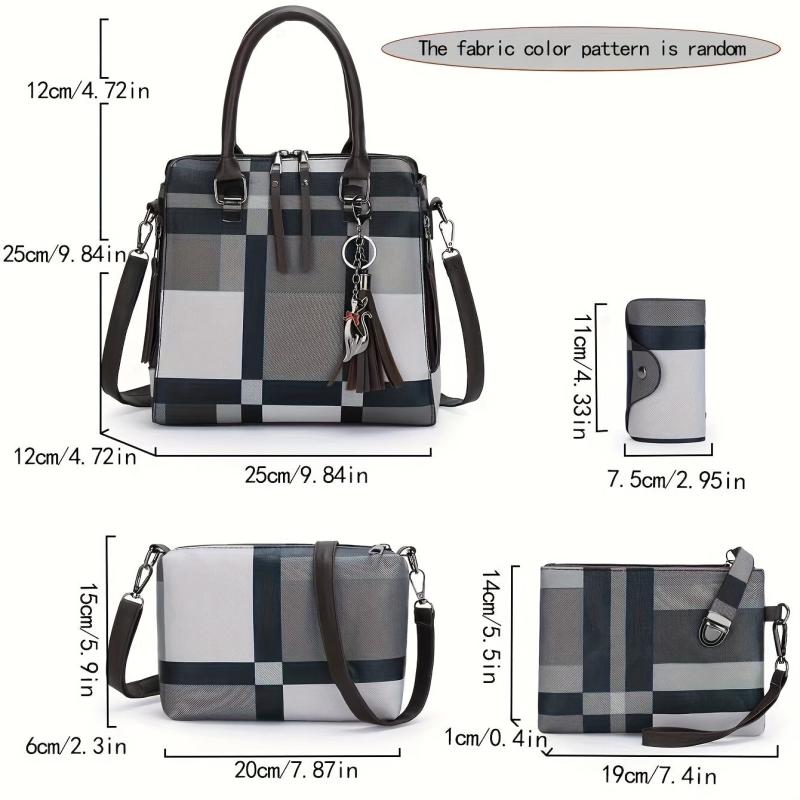PU Handbag Grid Contrast Bag 4 Pcs Casual Shoulder Messenger Bag