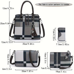 PU Handbag Grid Contrast Bag 4 Pcs Casual Shoulder Messenger Bag