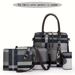 PU Handbag Grid Contrast Bag 4 Pcs Casual Shoulder Messenger Bag