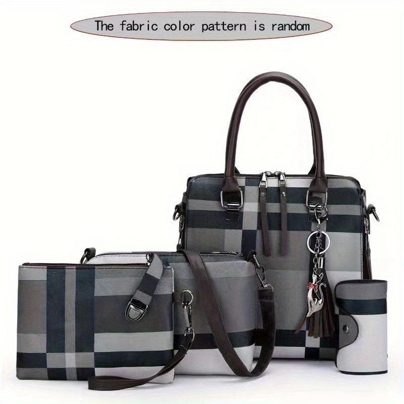 PU Handbag Grid Contrast Bag 4 Pcs Casual Shoulder Messenger Bag