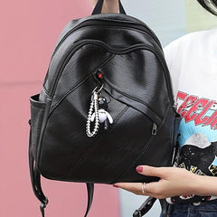 Women's Backpack With Bear Pendant Large capacity Soft Leather Travel Bag