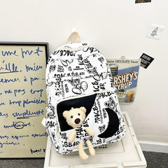 Bear Doll Backpack Graffiti Bag Large capacity Middle School Student Bag