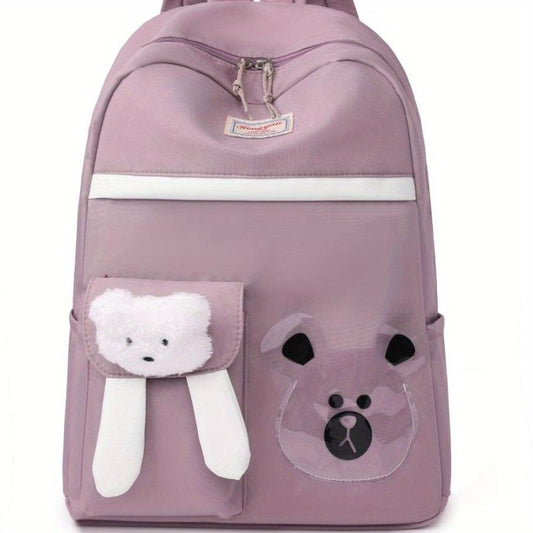 Bear Pattern Backpack With Bear Charm Student Backpack Large Capacity
