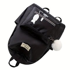 Kitten Pattern Schoolbag With Small Plush Ball Student Backpack