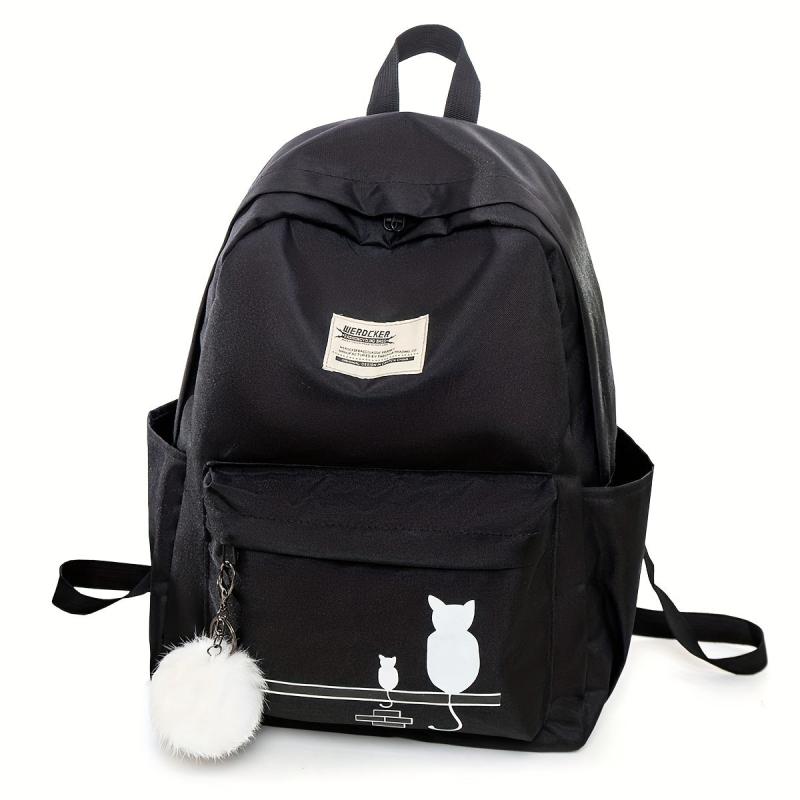 Kitten Pattern Schoolbag With Small Plush Ball Student Backpack