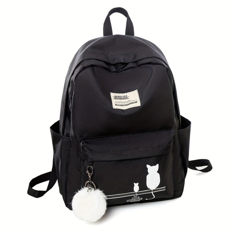 Kitten Pattern Schoolbag With Small Plush Ball Student Backpack
