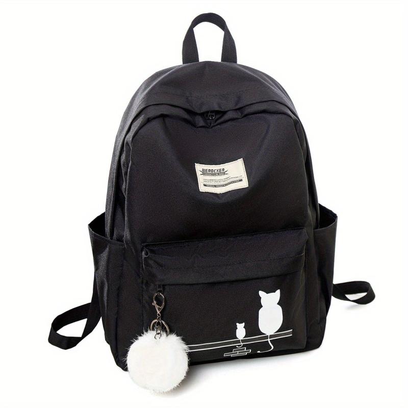Kitten Pattern Schoolbag With Small Plush Ball Student Backpack