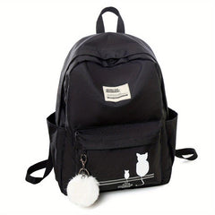 Kitten Pattern Schoolbag With Small Plush Ball Student Backpack