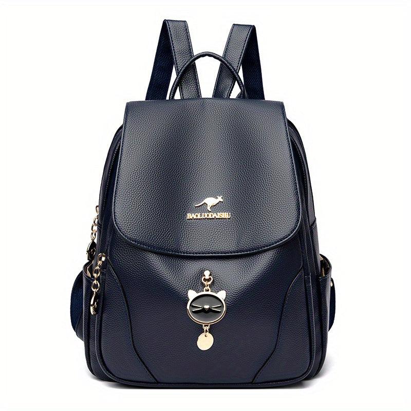 Red Flap Backpack With Kitten Pendant - Double Shoulder Bag
