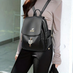 Red Flap Backpack With Kitten Pendant - Double Shoulder Bag