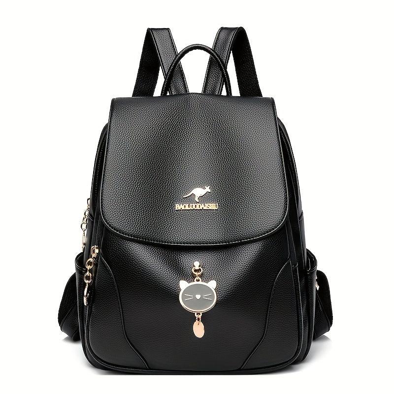 Red Flap Backpack With Kitten Pendant - Double Shoulder Bag
