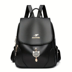 Red Flap Backpack With Kitten Pendant - Double Shoulder Bag