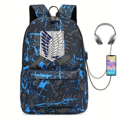 Printed Backpack USB Charging Port Earphone Jack Large Capacity Schoolbag