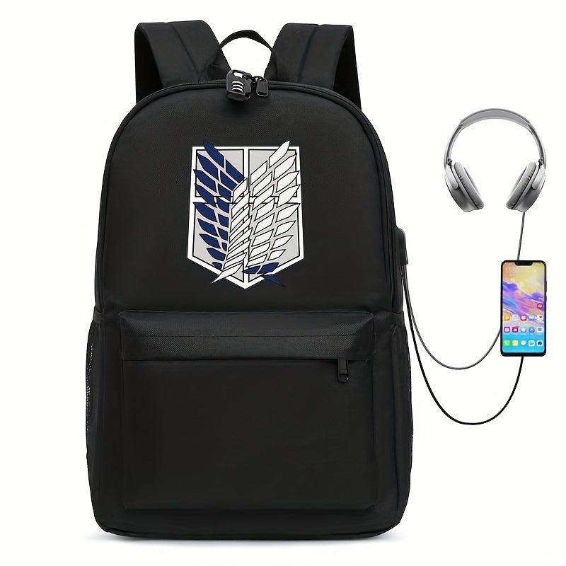 Printed Backpack USB Charging Port Earphone Jack Large Capacity Schoolbag