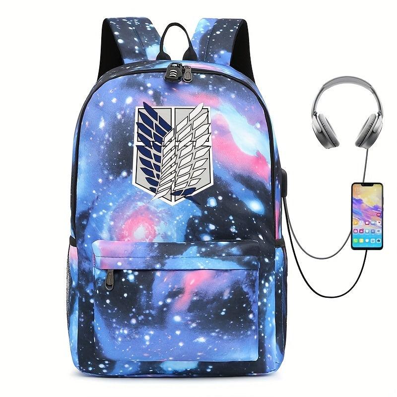 Printed Backpack USB Charging Port Earphone Jack Large Capacity Schoolbag