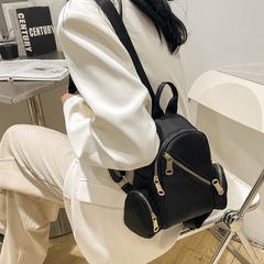 Solid Black Backpack Women Retro Student Schoolbag Double Shoulder Bag