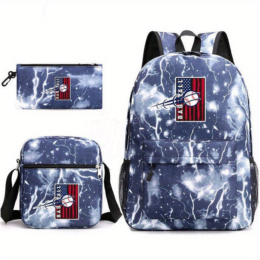 Baseball Pattern Reinforced Backpack With Pancil Bag And Shoulder Bag Set