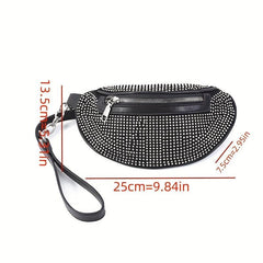 Glitter Waist Pack Chain Crossbody Bag Rhinestone Decor Zipper PU Leather