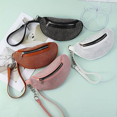 Glitter Waist Pack Chain Crossbody Bag Rhinestone Decor Zipper PU Leather
