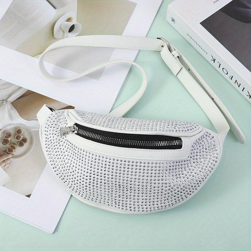 Glitter Waist Pack Chain Crossbody Bag Rhinestone Decor Zipper PU Leather