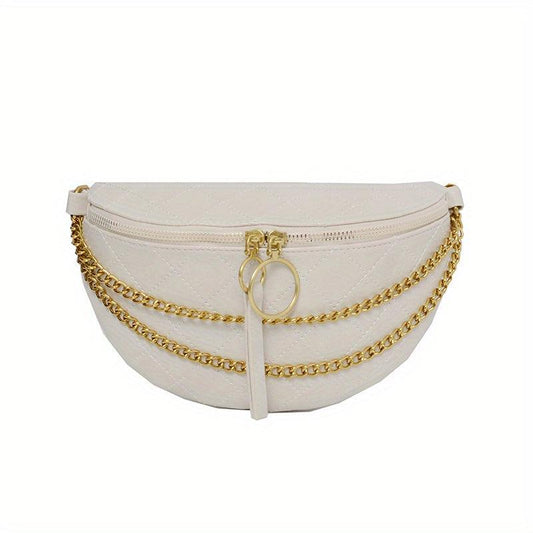 Argyle Embossed Waist Bag Chain Decor Chest Purse PU Crossbody Bag