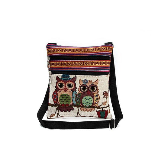 Embroidered Owl Print Shoulder Bag