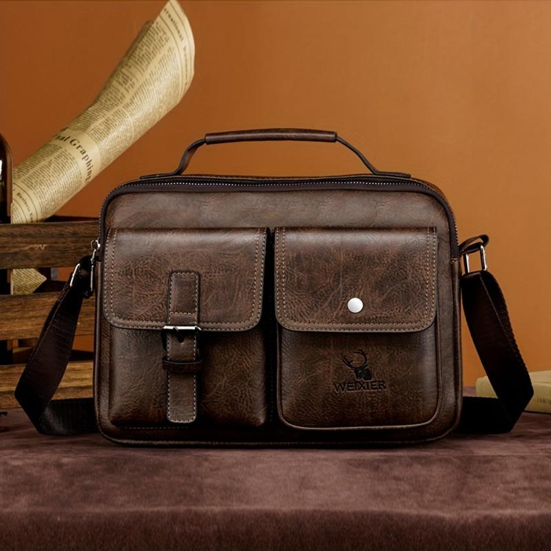 Men's PU Leather Messenger Bag Small Handbag with Pockets