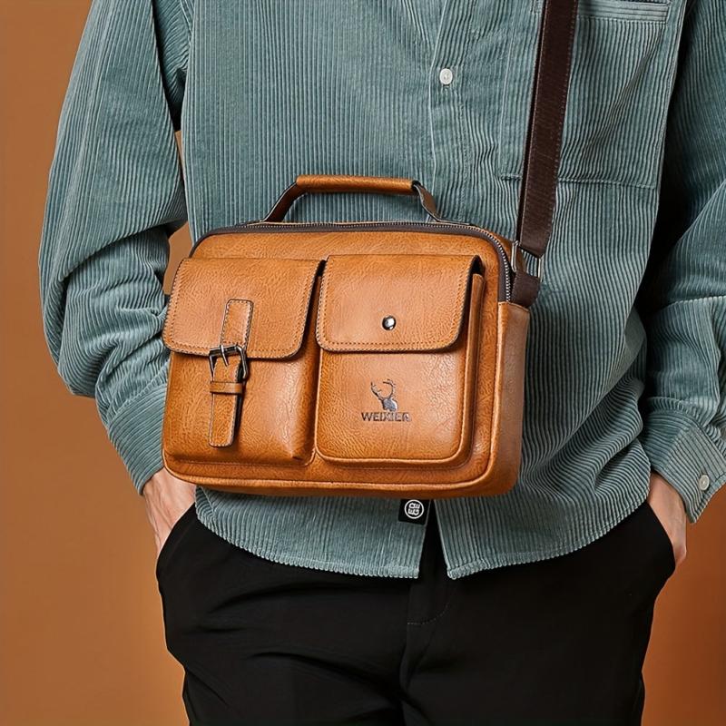 Men's PU Leather Messenger Bag Small Handbag with Pockets