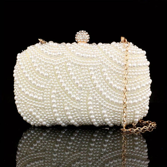 Pearl Beads Rhinestone Glitter Kiss Lock Chain Clutch Frame Purse
