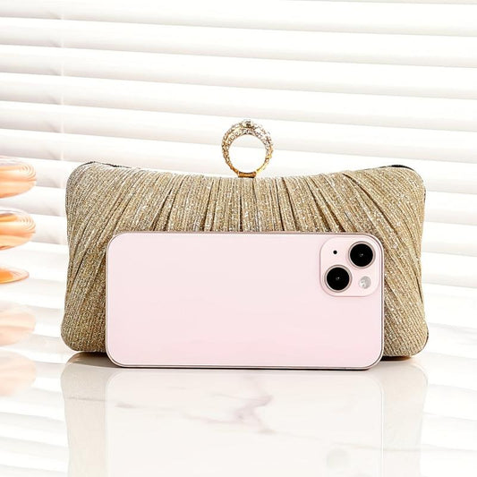 Pleated Rhinestone Glitter Kiss Lock Metal Chain Clutch Evening Bag