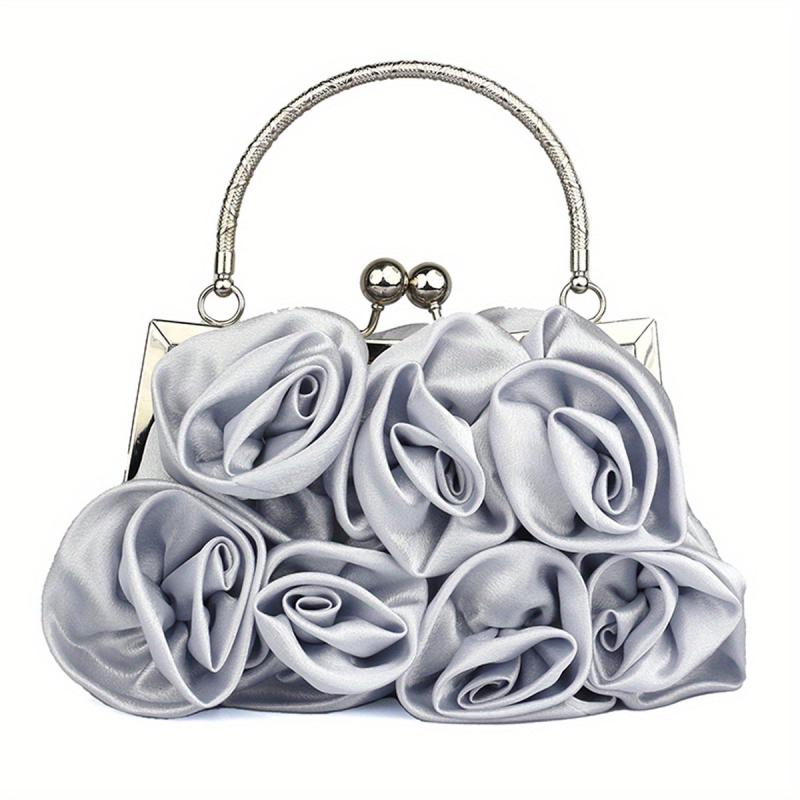 Flower Decor Kiss Lock Metal Handle Clutch Frame Handbag