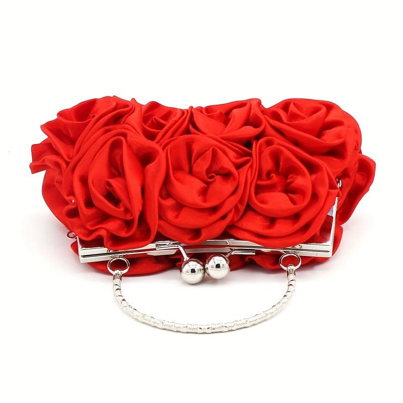 Flower Decor Kiss Lock Metal Handle Clutch Frame Handbag