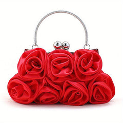 Flower Decor Kiss Lock Metal Handle Clutch Frame Handbag