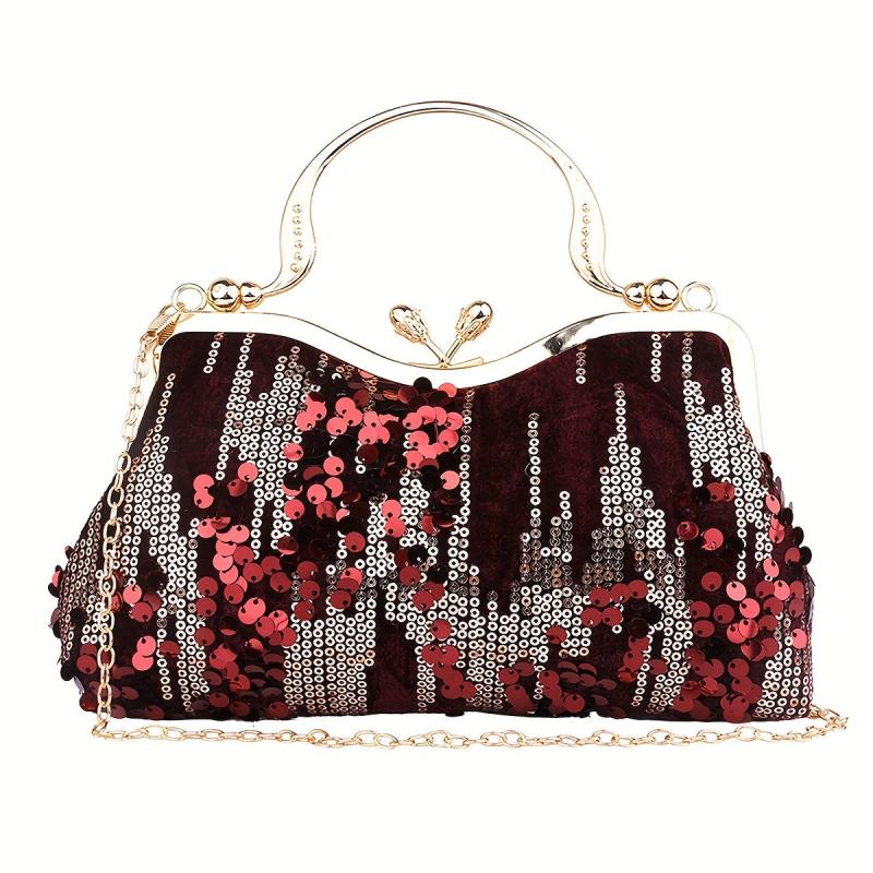 Sequins Decor Kiss Lock Satchel Bag for Party