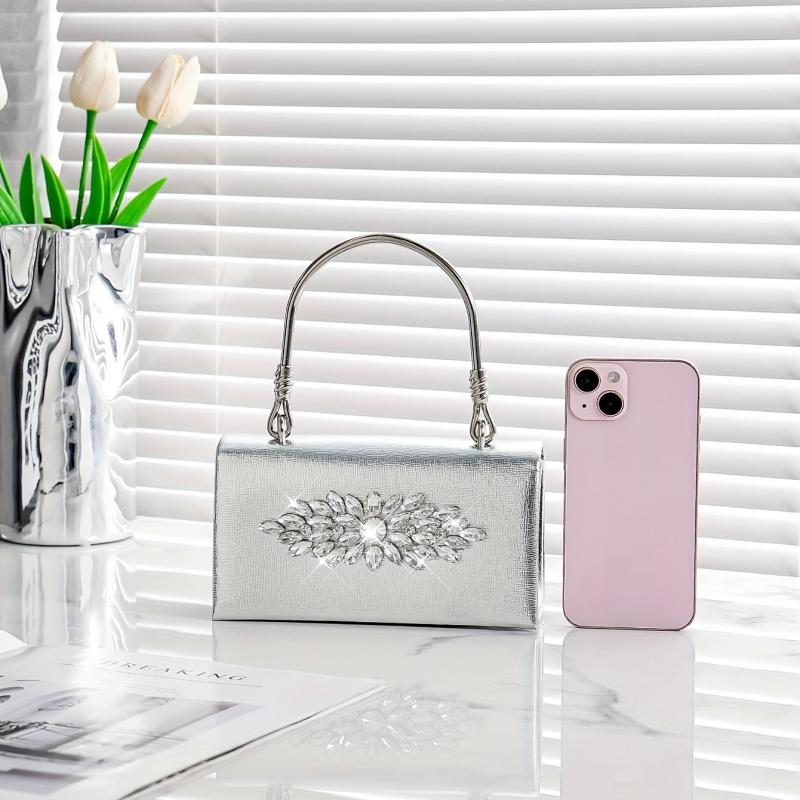 Mini Rhinestone Glitter Chain Handbag Textured Flap Purse