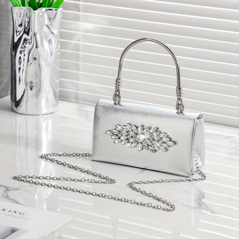 Mini Rhinestone Glitter Chain Handbag Textured Flap Purse