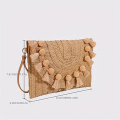 Straw Woven Envelope Clutch Beach Wrist Bag Rattan Purse