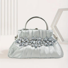 Pleated Rhinestone Glitter Kiss Lock Metal Handle Clutch