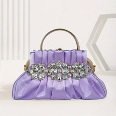Pleated Rhinestone Glitter Kiss Lock Metal Handle Clutch