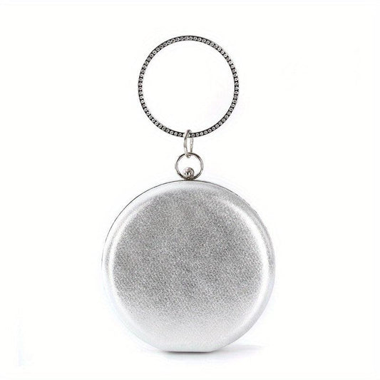 Faux Crystal Rhinestone Ring Handle Wristlet Handbag Solid Evening Bag