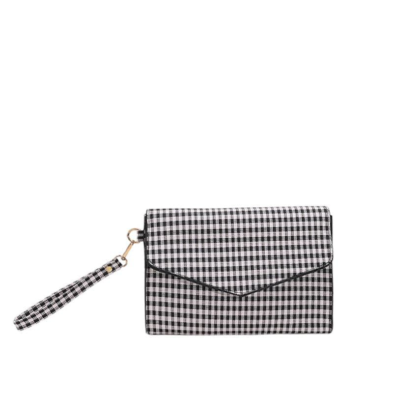 Plaid Pattern Handbag Women Vegan Leather Clutch Purse with Wristband