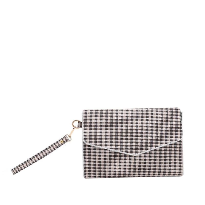 Plaid Pattern Handbag Women Vegan Leather Clutch Purse with Wristband
