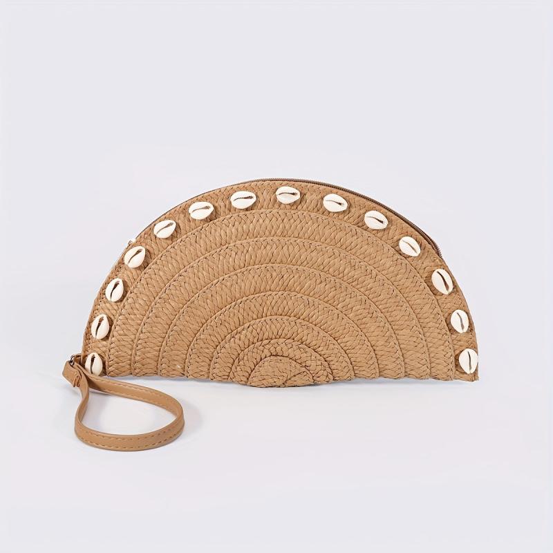 Vintage Ethnic Style Shell Bag Retro Bohemian Clutch Purse Straw Woven Handbag