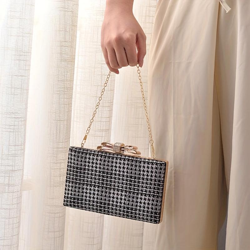 Houndstooth Pattern Evening Handbag Bow Decor Formal Clutch
