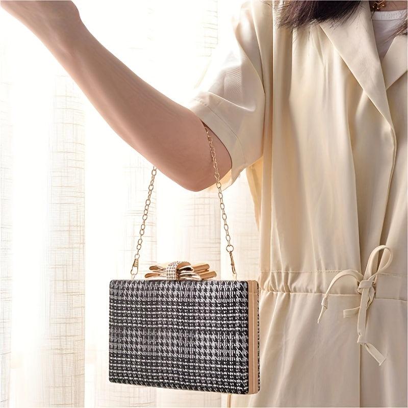 Houndstooth Pattern Evening Handbag Bow Decor Formal Clutch