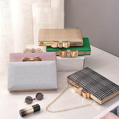 Houndstooth Pattern Evening Handbag Bow Decor Formal Clutch