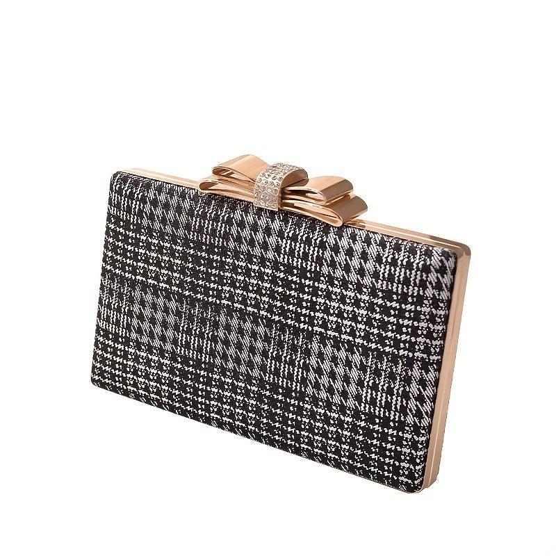 Houndstooth Pattern Evening Handbag Bow Decor Formal Clutch