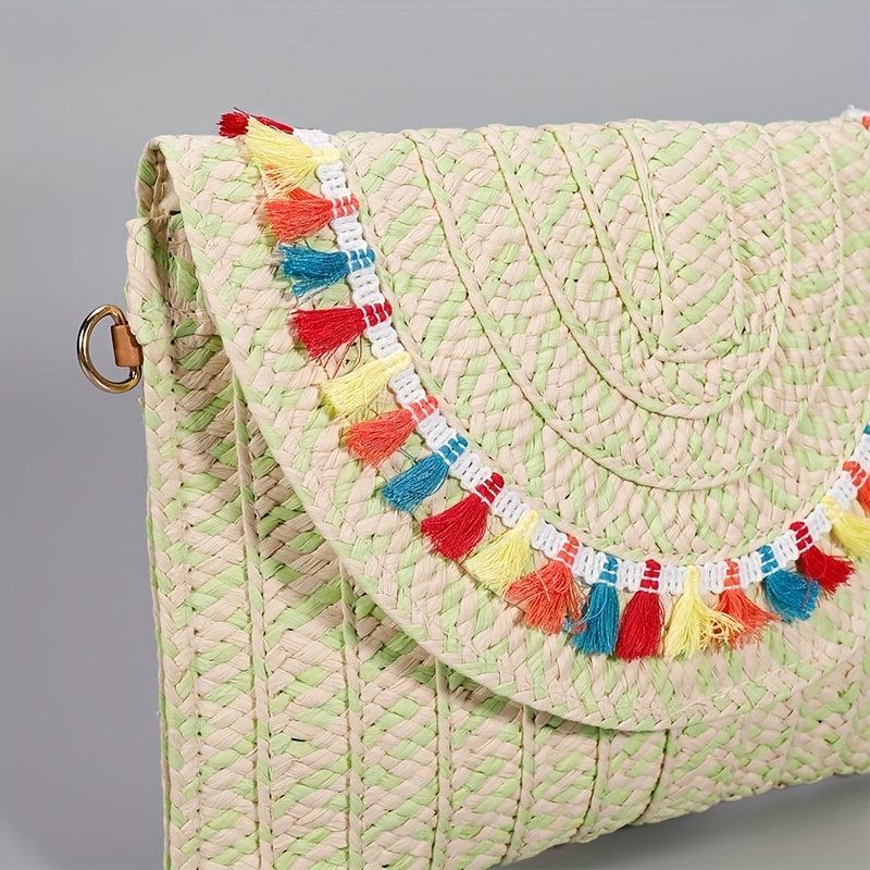Vintage Ethnic Envelope Bag Retro Boho Clutch Straw Handbag & Wristlet