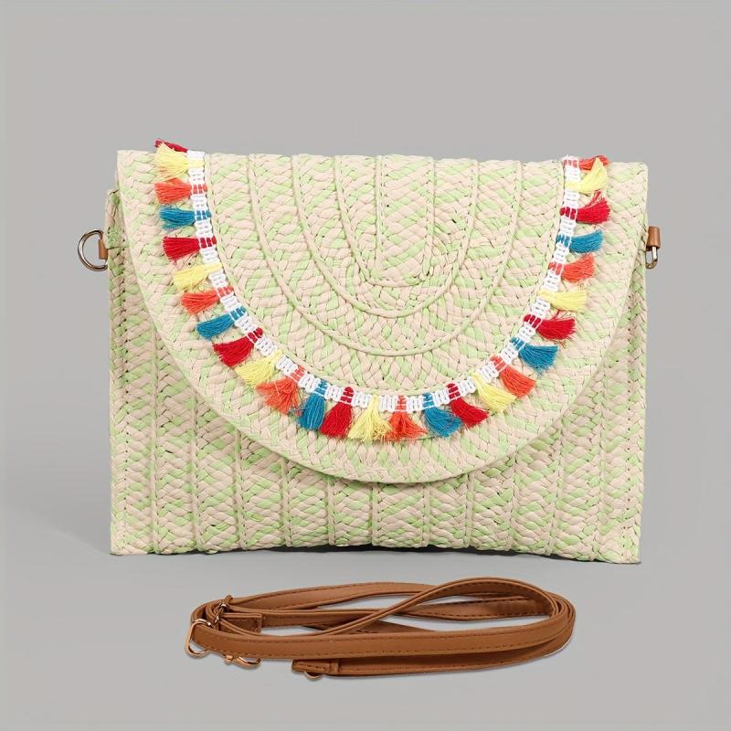 Vintage Ethnic Envelope Bag Retro Boho Clutch Straw Handbag & Wristlet